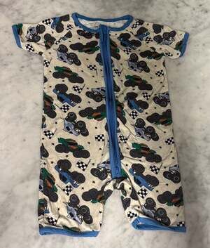 Little One Shop Monster Truck Bamboo Short Zipper Romper